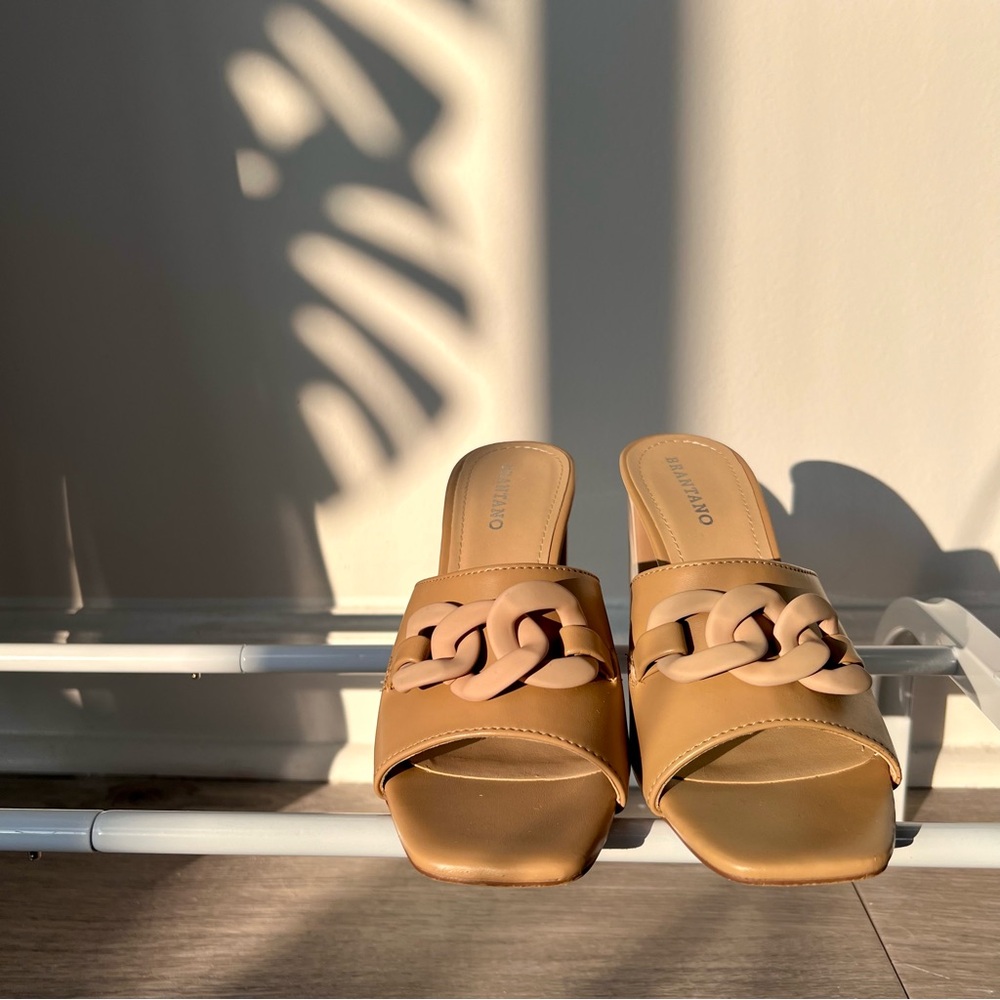 Office Siren Tan Chain Block Heel Mules